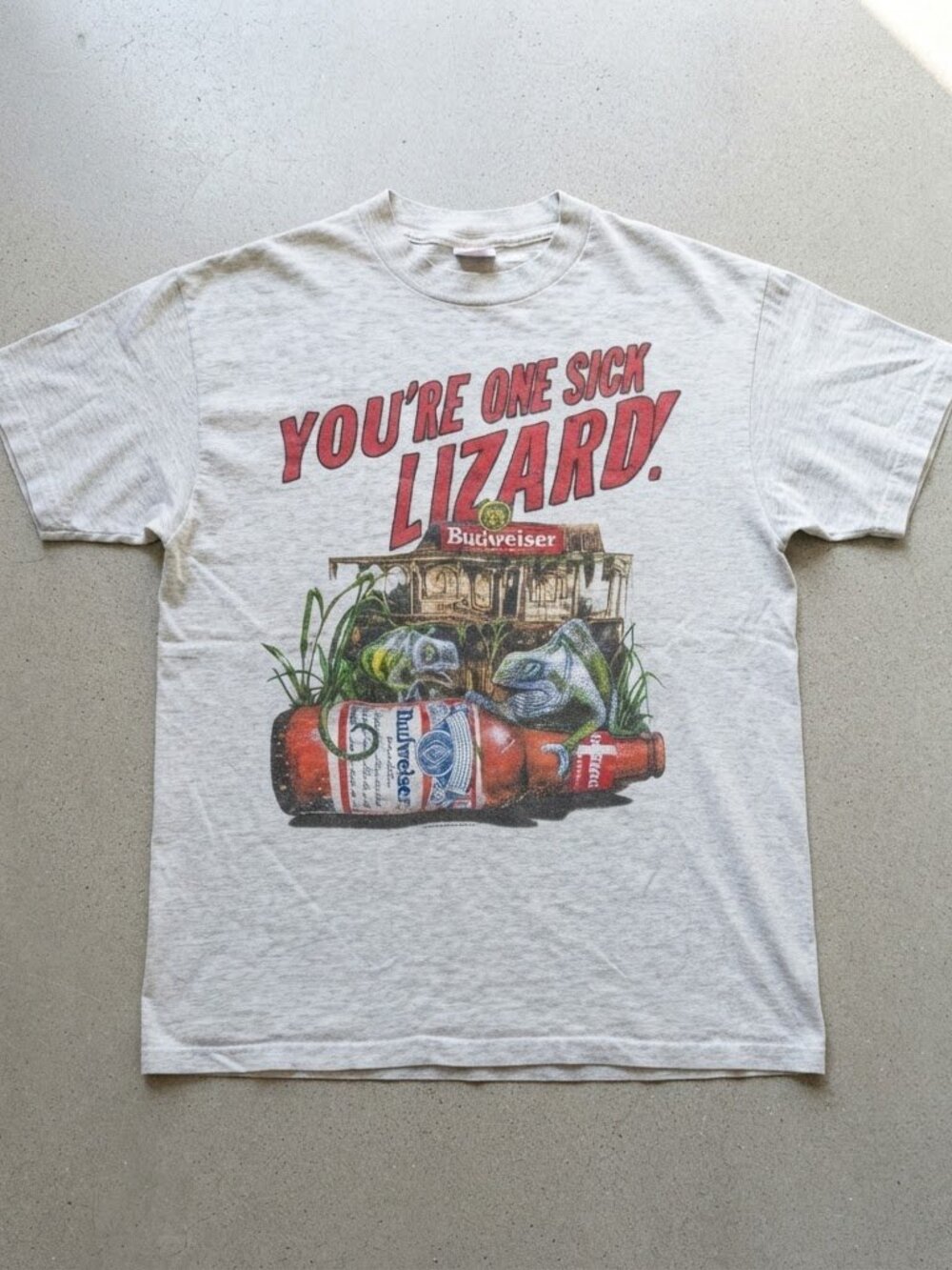 Vintage Budweiser You're One Sick Lizard Beer Grey T-Shirt S-4XL